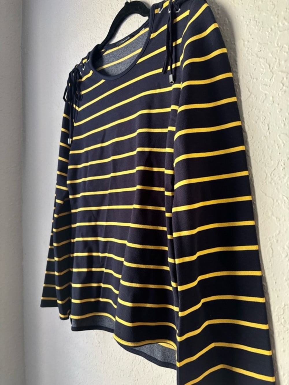 Tahari Navy & Yellow Striped Long Sleeve Tee with Shoulder Tie Detail